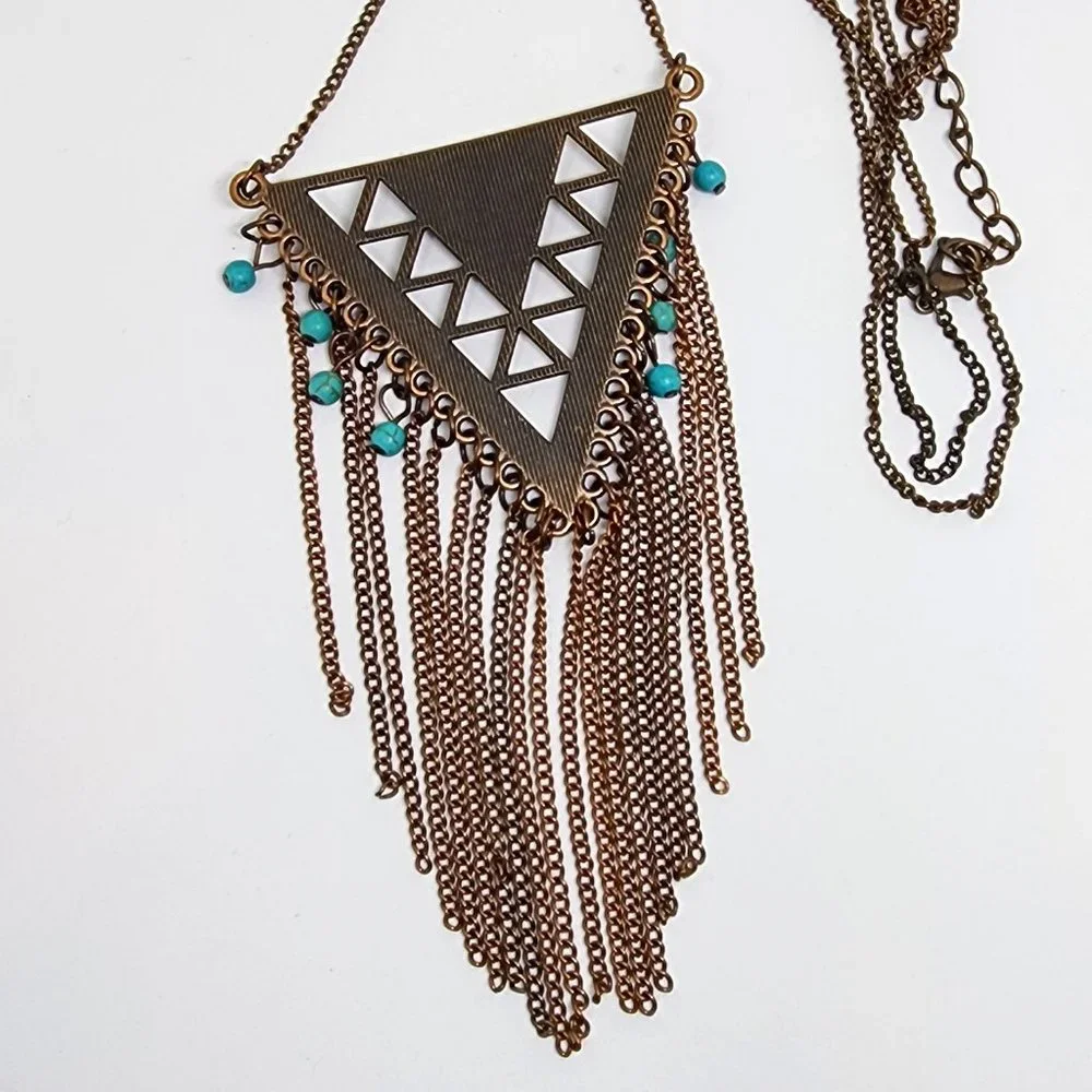 Southwest Tribal Modern Copper Long Fringe Turquoise Accent LONG 34
